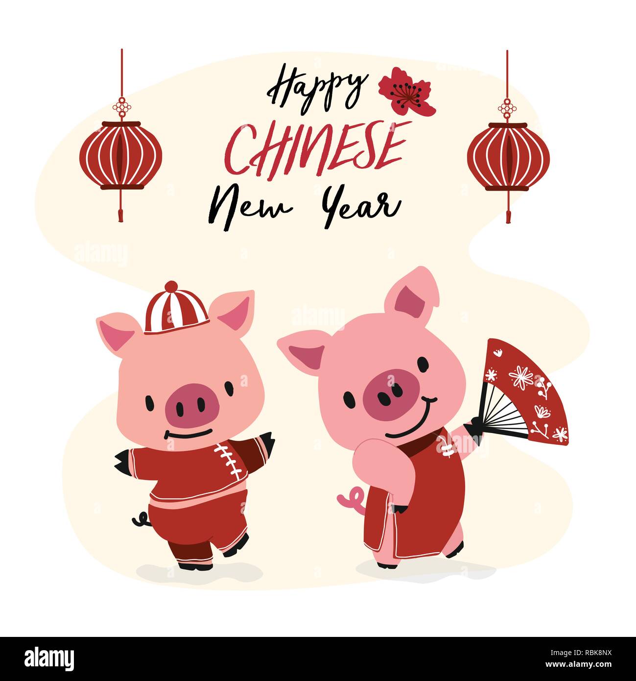 Cute couple porcs en qipao robe chinoise, happy Chinese new year card Illustration de Vecteur