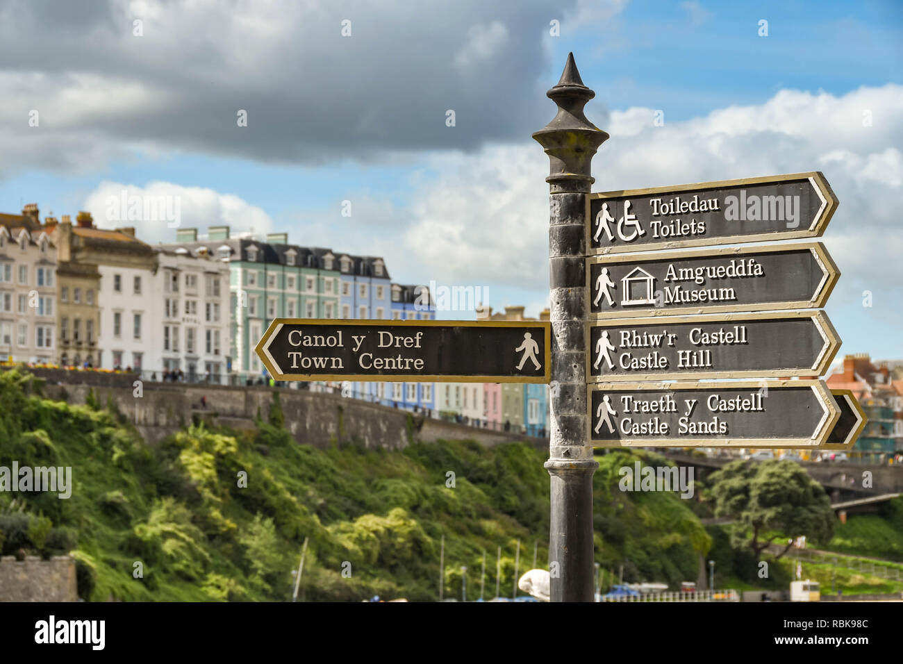 TENBY, Pembrokeshire, Pays de Galles - AOÛT 2018 : informations touristiques sur un panneau montrant le chemin d'attractions locales à Tenby, Ouest Wale Banque D'Images