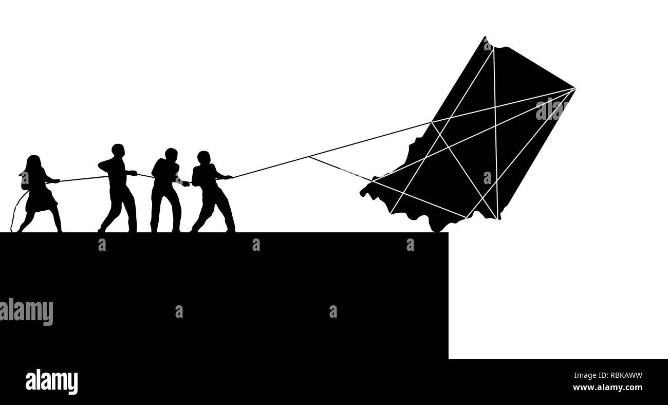 L'état de l'Indiana, USA, est considéré sur le bord. Une silhouette de l'état est sur le point de tomber sur une falaise comme silhouettes de personnes avec des cordes accrocher sur t Banque D'Images