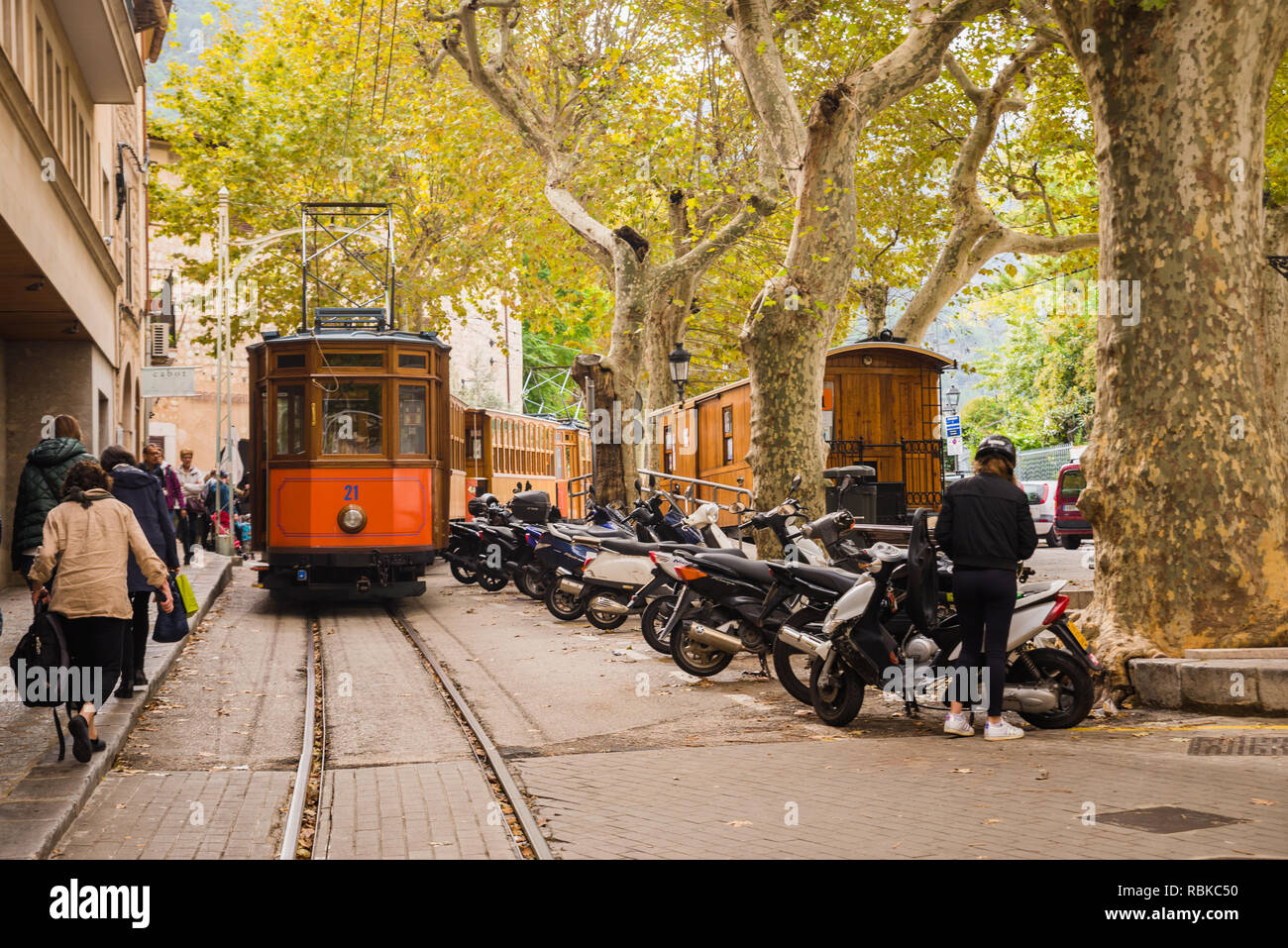 Soller, Majorque, Espagne - 04.11.2018 : ancien tramway électrique qui va entre Ville de Soller et Port de Soller Banque D'Images