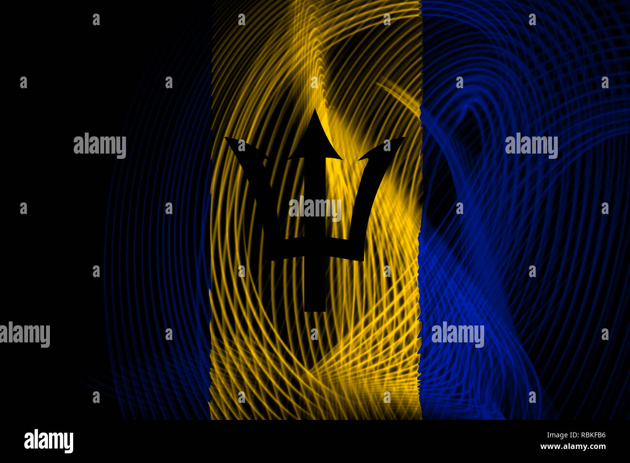 Le drapeau national de la Barbade sur l'arrière-plan géométrique neon stripes Banque D'Images