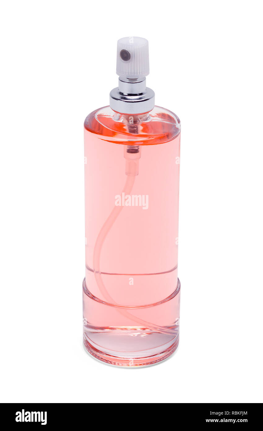 Flacon vaporisateur à parfum rose isolé sur fond blanc. Banque D'Images