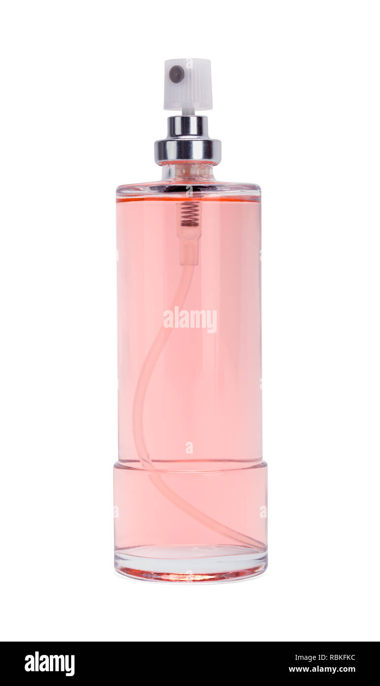 Flacon vaporisateur à parfum rose isolé sur fond blanc. Banque D'Images