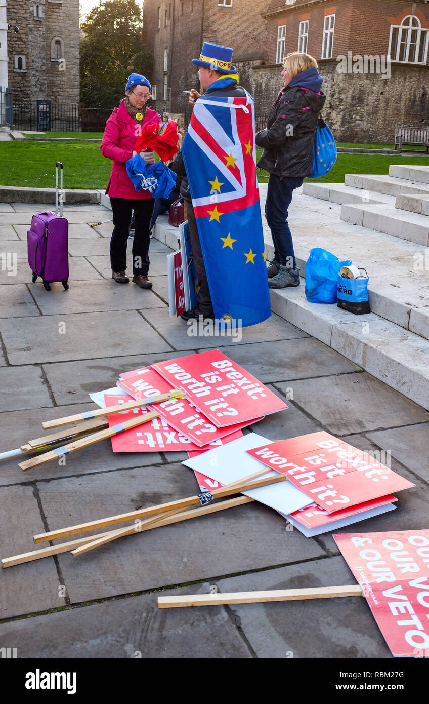 Londres, Royaume-Uni. Jan 11, 2019. Les militants de l'extérieur de l'Anti Brexit Chambres du Parlement à Londres aujourd'hui que le débat continue sur le premier ministre Theresa May's qui est l'objet d'un vote la semaine prochaine . Crédit : Simon Dack/Alamy Live News Banque D'Images