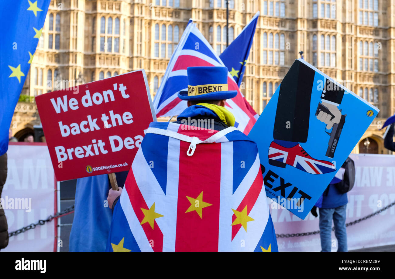 Londres, Royaume-Uni. Jan 11, 2019. Les militants de l'extérieur de l'Anti Brexit Chambres du Parlement à Londres aujourd'hui que le débat continue sur le premier ministre Theresa May's qui est l'objet d'un vote la semaine prochaine . Crédit : Simon Dack/Alamy Live News Banque D'Images