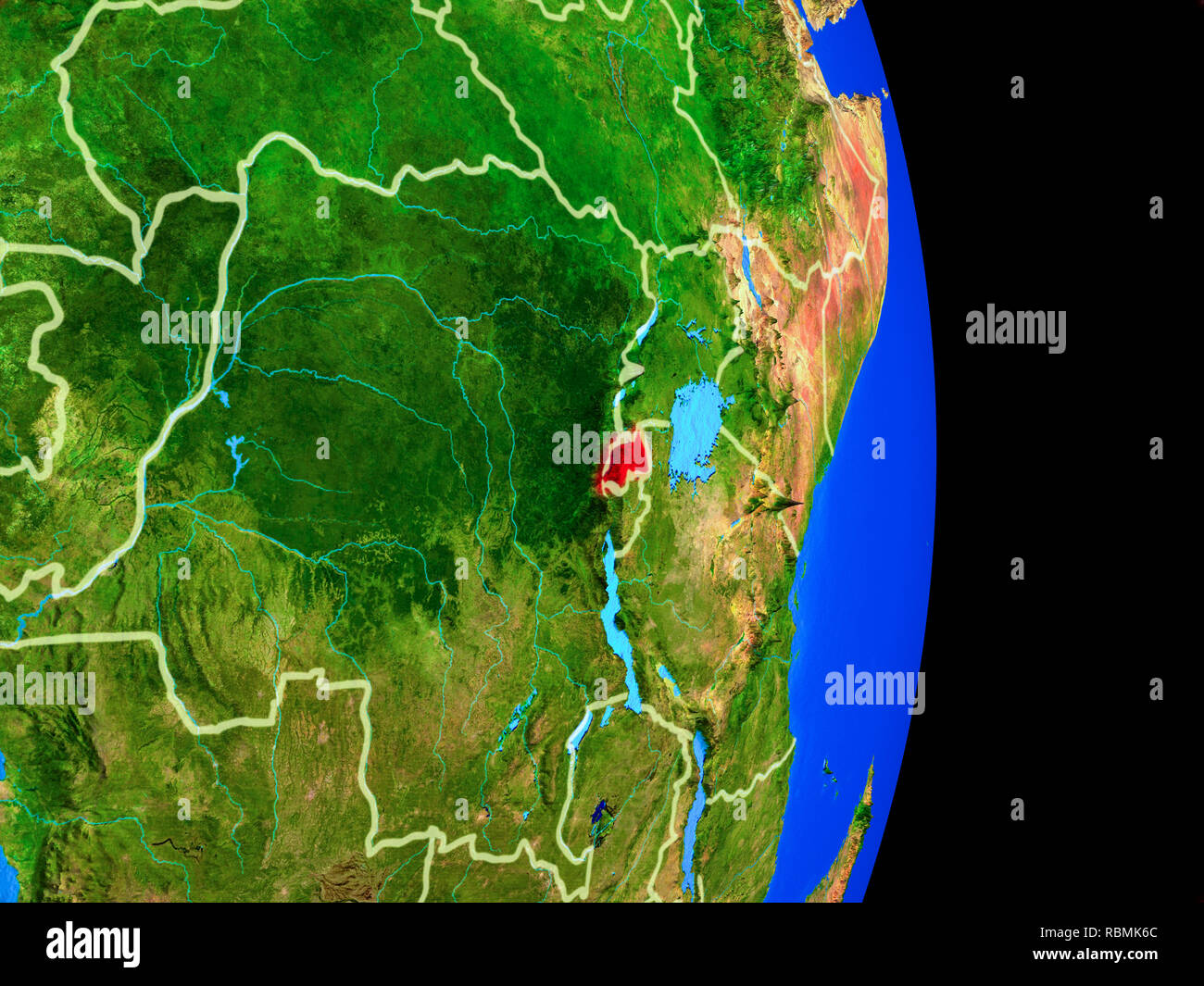 Le Rwanda sur le modèle réaliste de la planète Terre avec des frontières du pays et très détaillée de la surface de la planète. 3D illustration. Éléments de cette image fournie par Banque D'Images