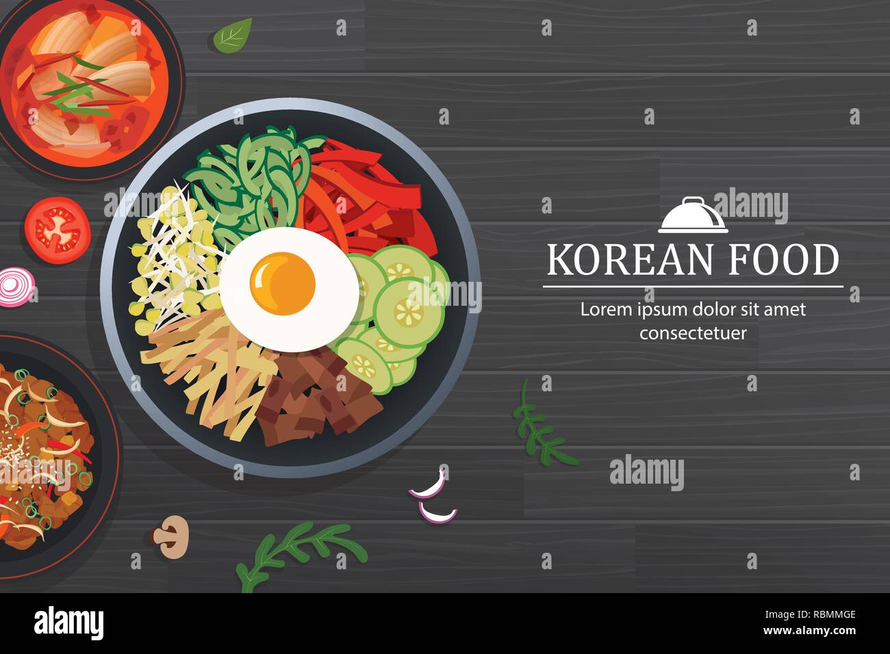 Bibimbap dans le bol sur la table en bois noir vue d'en haut. Arrière-plan de l'alimentation de la Corée. Illustration de Vecteur