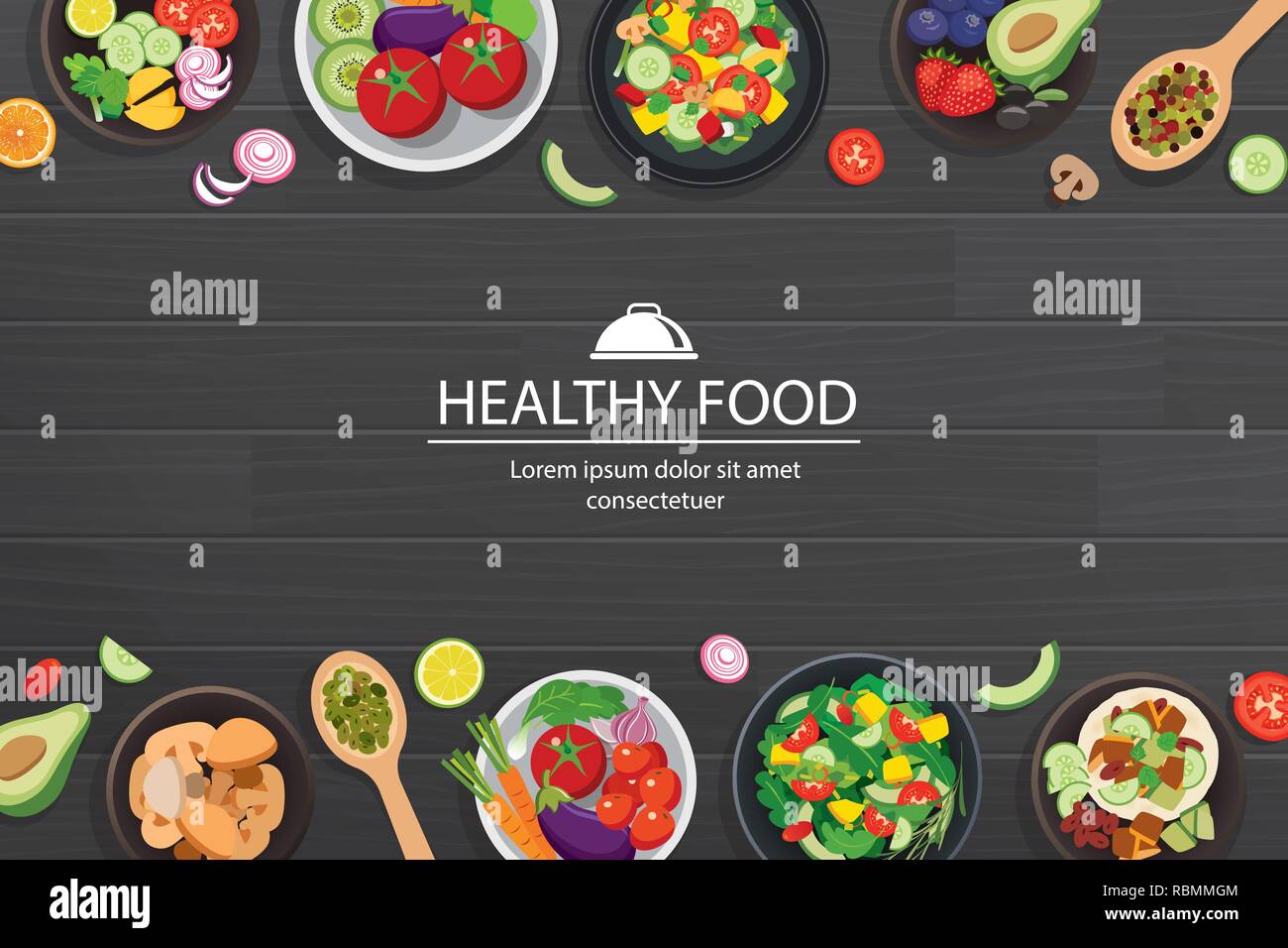 Les aliments sains avec des ingrédients sur la table en bois sombre arrière-plan. Illustration de Vecteur