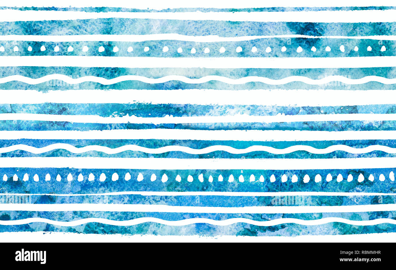 Fond d'aquarelle. 2d sans couture à la main avec motif à rayures colorées, des points et des vagues. Ornement bleu turquoise. Isolé sur fond blanc Banque D'Images Fond d'aquarelle. 2d sans couture à la main avec motif à rayures colorées, des points et des vagues. Ornement bleu turquoise. Isolé sur fond blanc Banque D'Images