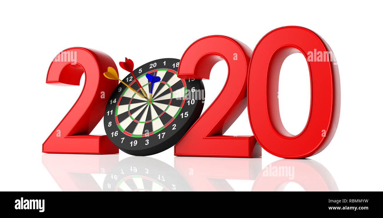 Nouvelle année 2020, fléchettes sur bullseye isolé sur fond blanc. 3d illustration Banque D'Images