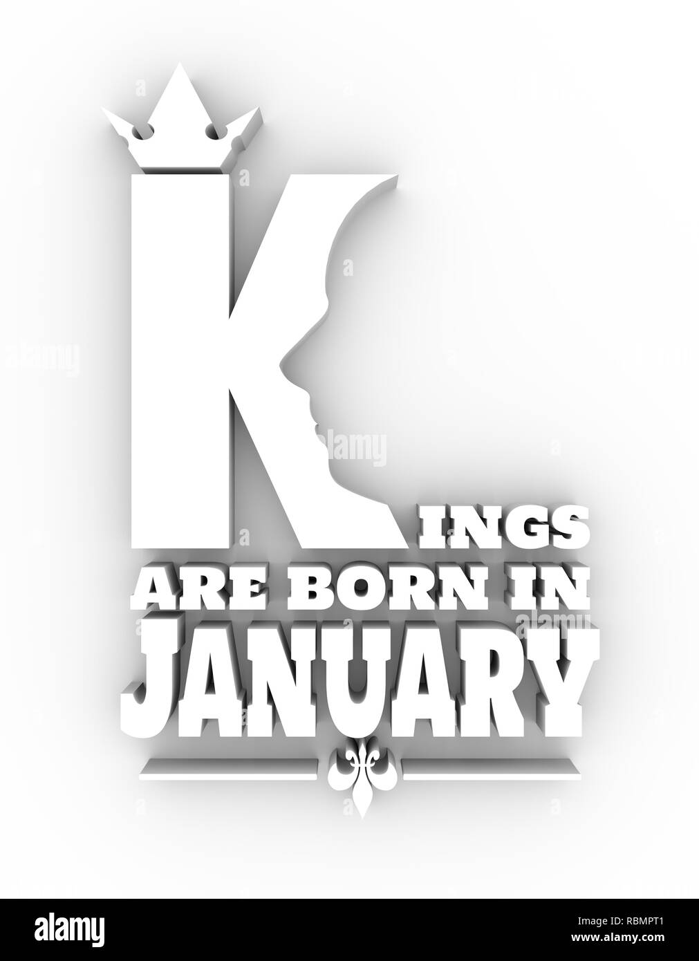 Vintage couronne royale médiévale silhouette. Profil de roi médiéval. Les rois sont nés en janvier texte. Citation de motivation. Le rendu 3D Banque D'Images