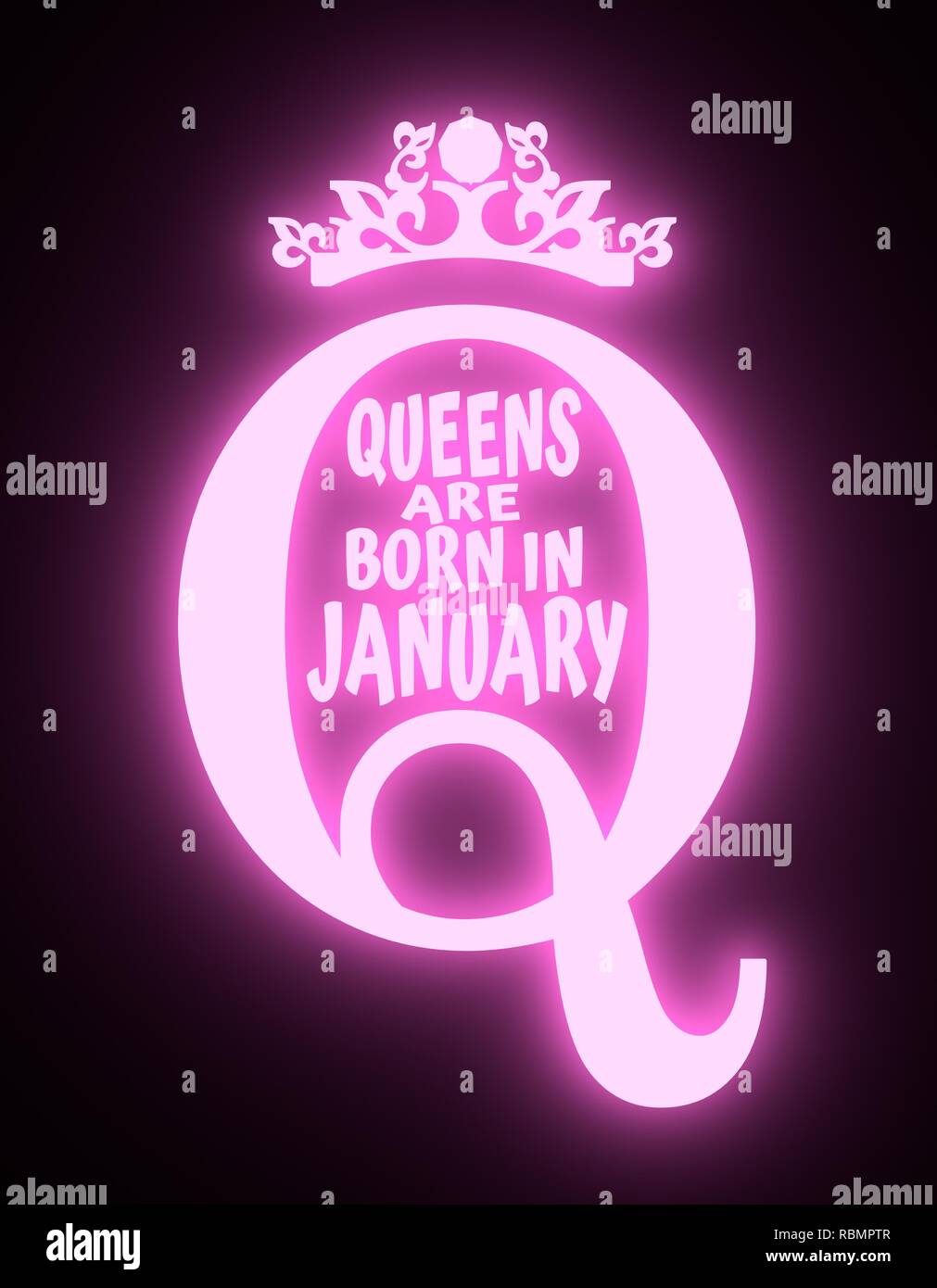 Vintage Reine Couronne Silhouette L Embleme Royal Avec Q Lettre Queens Sont Nes En Janvier Texte Citation De Motivation Le Rendu 3d L Eclairage Au Neon De Shine Photo Stock Alamy