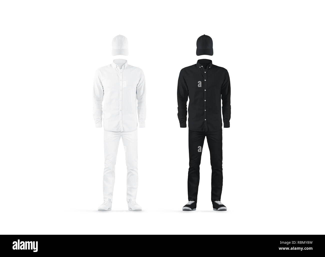 Vide noir et blanc maquette uniforme fixé, isolée, vue de face. Workman  vide vêtements avec baseball cap maquette. Modèle de formulaire  d'entreprise claires Photo Stock - Alamy