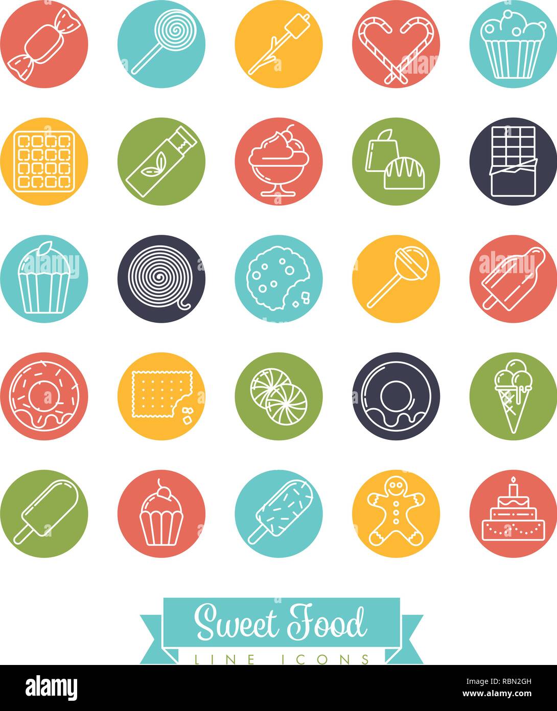 L'icône de la ligne d'aliments sucrés vector collection avec des bonbons, des bonbons, des chocolats et des gâteaux dans les cercles de couleur Illustration de Vecteur