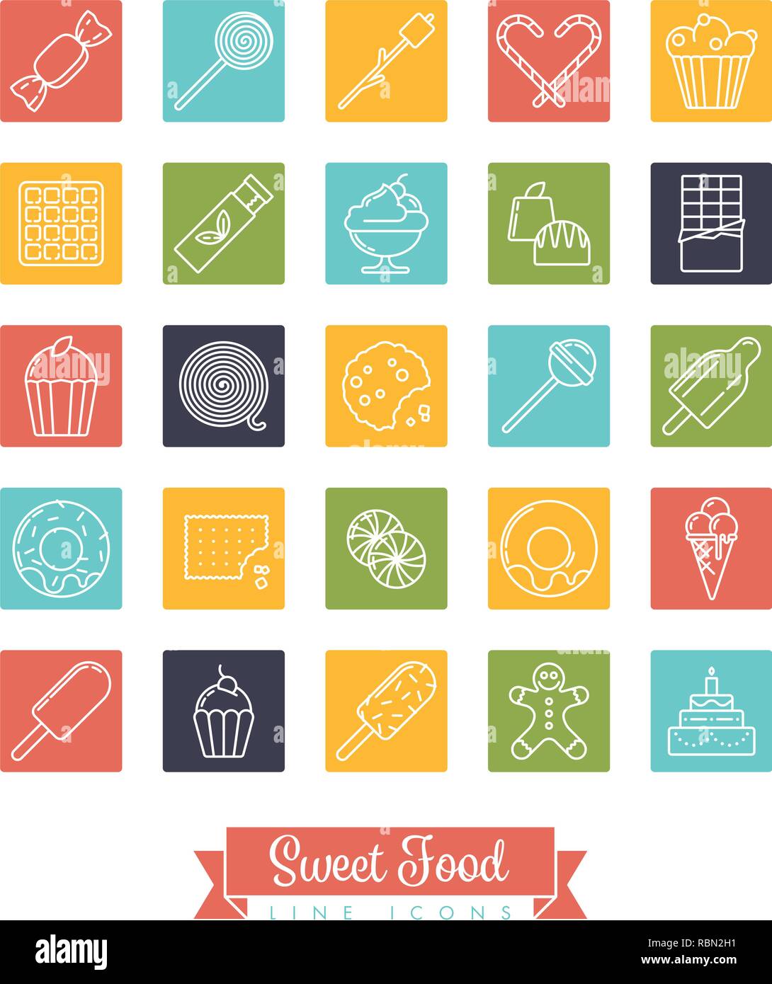 L'icône de la ligne d'aliments sucrés vector collection avec des sucreries, bonbons, chocolats et gâteaux en carrés de couleur Illustration de Vecteur