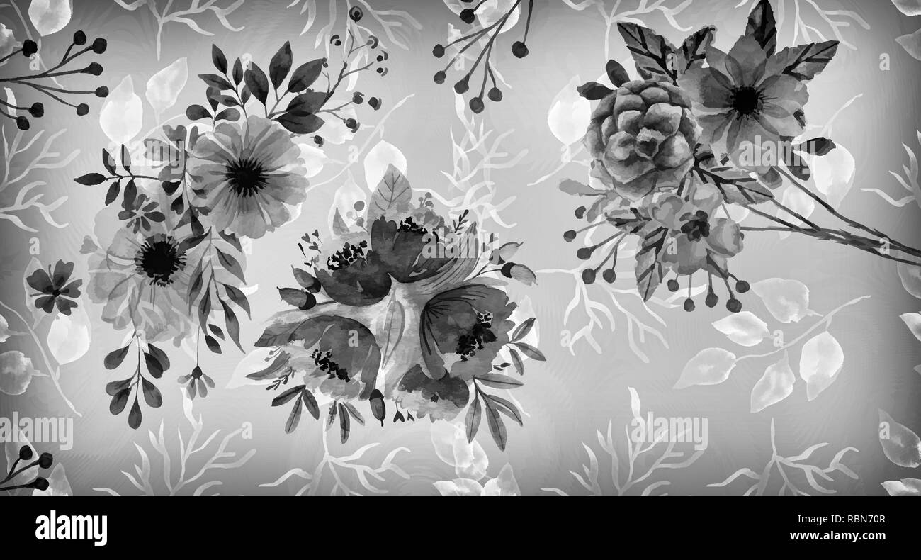 Situé dans floral style vintage, image en noir et blanc, fond clair. Un ensemble d'éléments pour vos compositions florales. Banque D'Images
