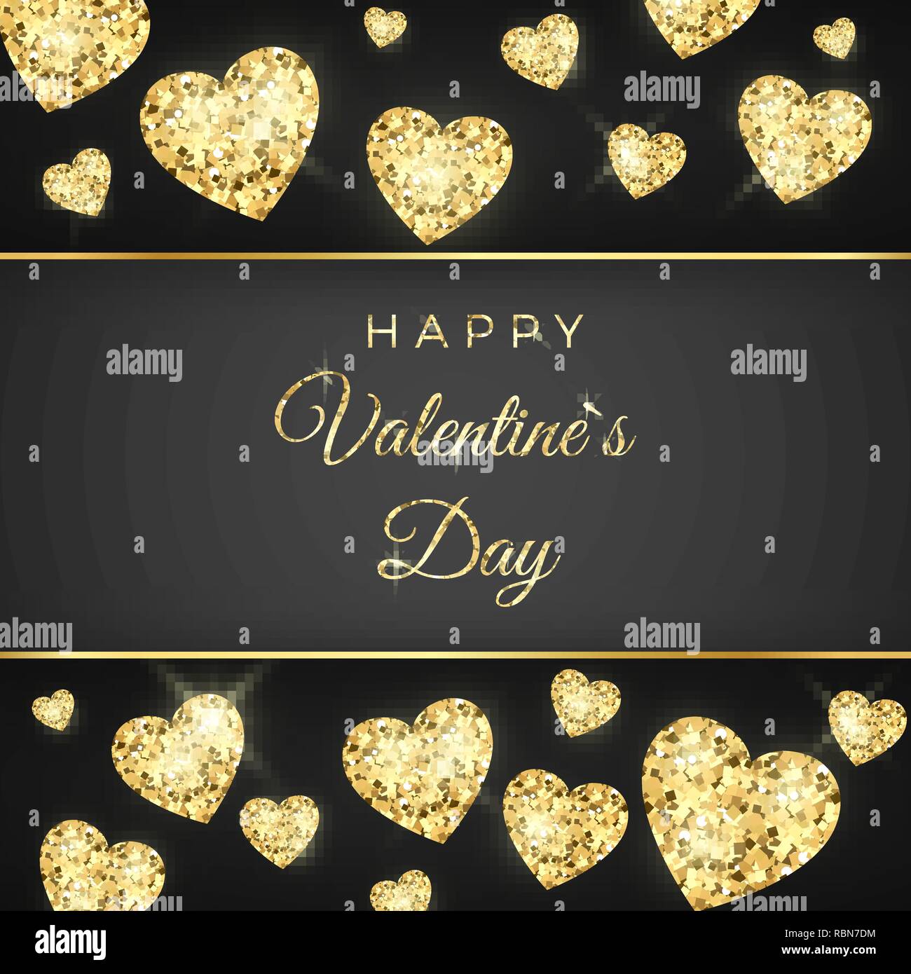 Happy Valentines Day vector carte de vœux. Coeur d'or et du texte sur fond noir. Or vacances bannière. Concept pour bannière Valentines. Illus vectoriel Illustration de Vecteur
