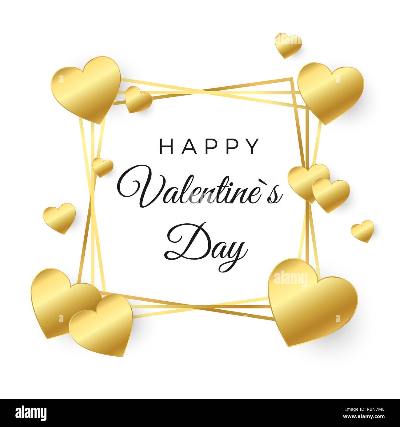 Happy Valentines Day carte de vœux. Coeur d'or et le châssis avec du texte sur fond blanc. Concept pour bannière Valentines. Vector illustration Illustration de Vecteur