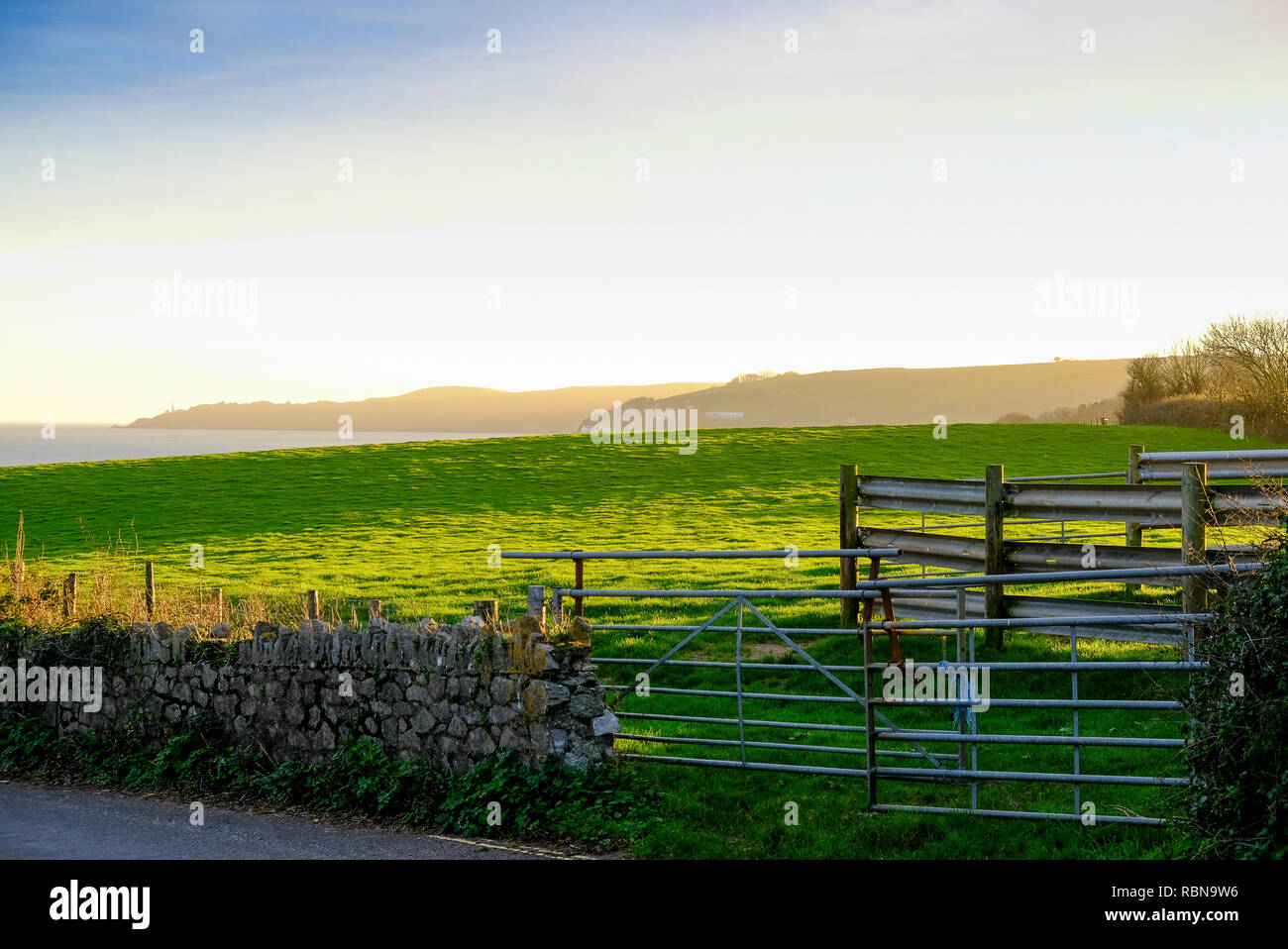 Vue sur les champs de Start Bay à Start point et le phare en fin d'après-midi ensoleillé. Torcross, Devon. ROYAUME-UNI Banque D'Images