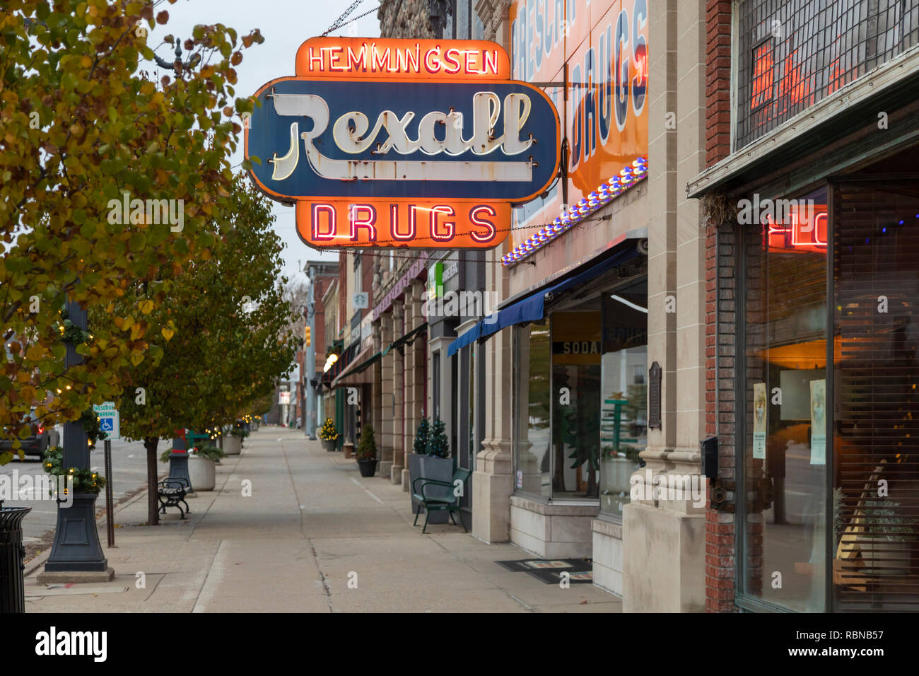 Marshall, Michigan - Une pharmacie Rexall. En même temps, Rexall était une grande chaîne de jusqu'à 12 000 pharmacies indépendantes, mais très peu restent maintenant Banque D'Images