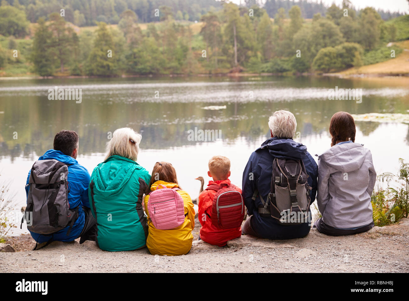 Multi generation family à admirer la vue sur la rive d'un lac, vue de dos, Lake District, UK Banque D'Images