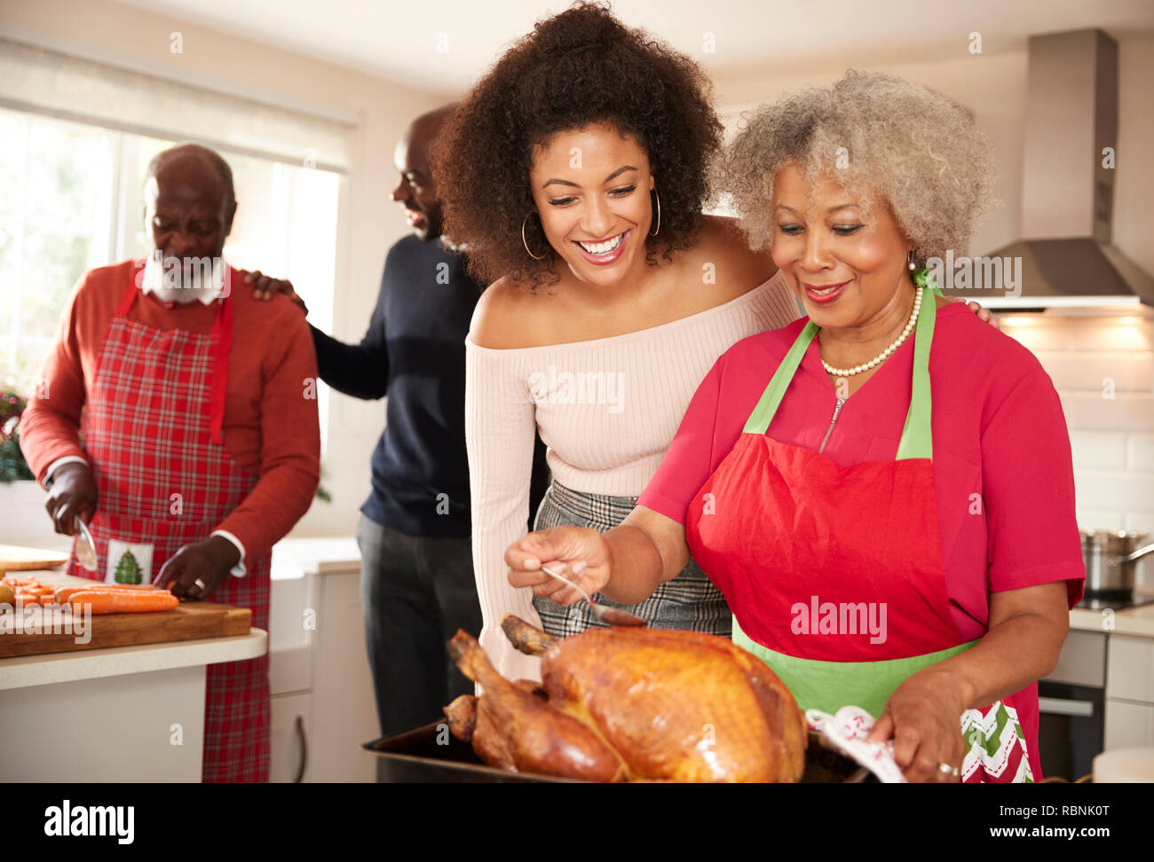 Mixed Race hauts et des jeunes adultes membres de la famille à parler dans la cuisine tout en préparant le dîner de Noël ensemble, Close up Banque D'Images