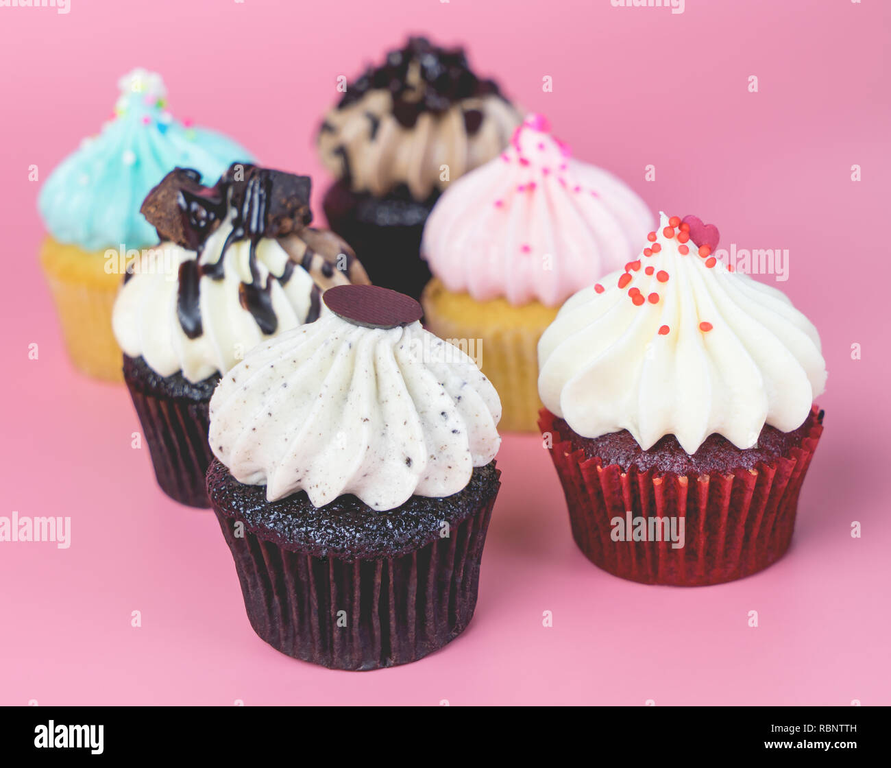 Six mini cupcakes fantaisie sur fond rose Banque D'Images