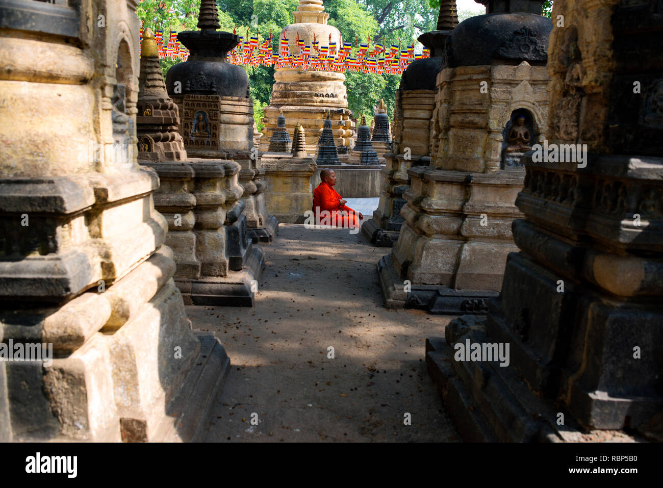 Un moine bouddhiste offre la prière à Bodhgaya Bouddha Purnima. célébrations durant Banque D'Images