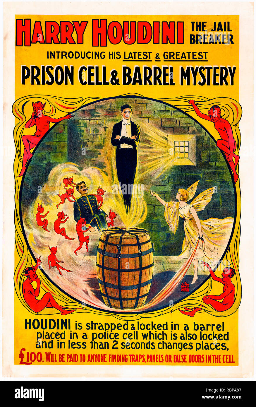 La Prison Break "Houdini" affiche publicitaire de sa cellule de prison et le baril mystère Banque D'Images