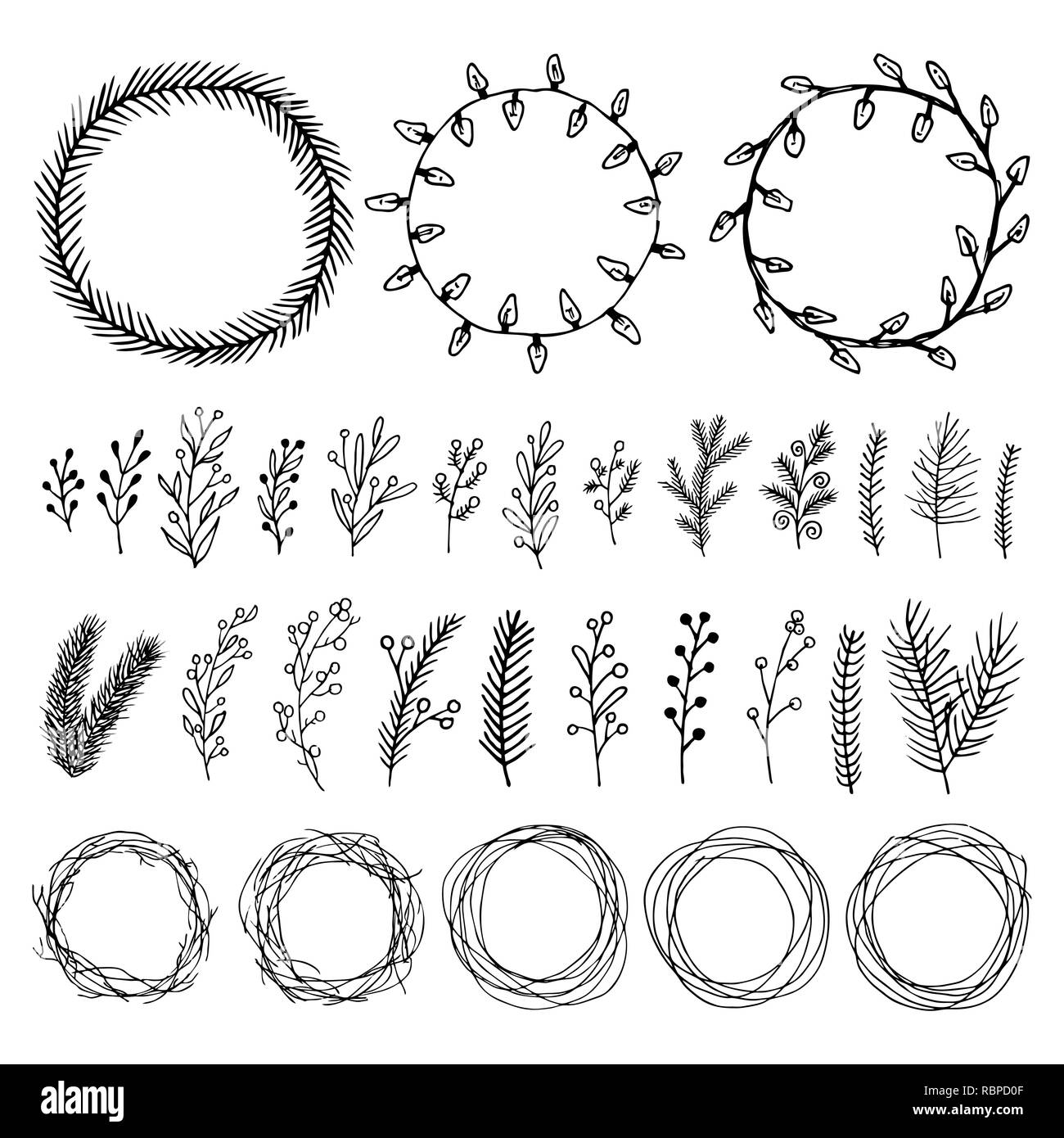 Des guirlandes de Noël, des lampes, des éléments floraux et décors peints à la main pour l'hiver et vacances d'illustrations. Illustration de Vecteur