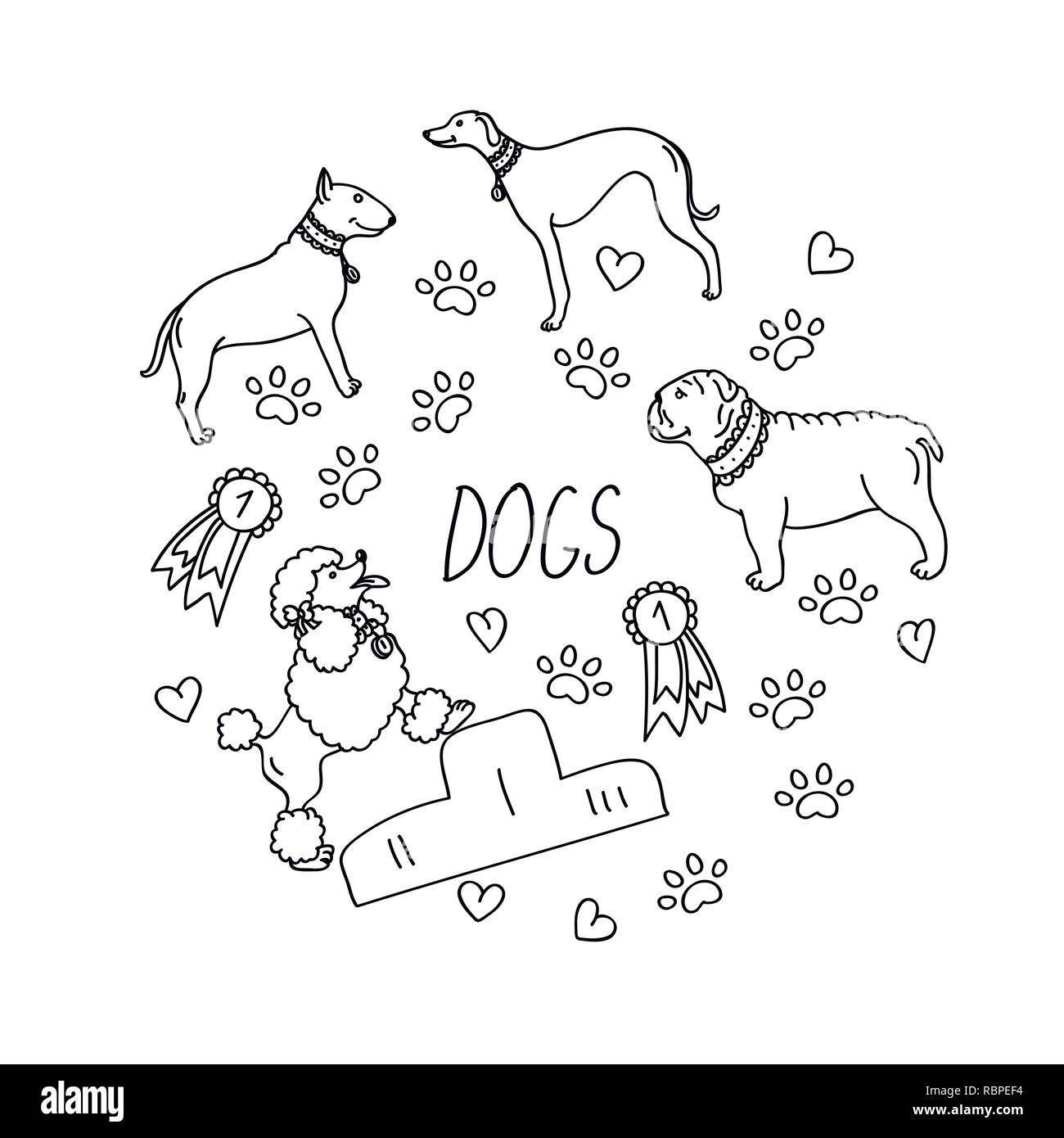 Ensemble d'éléments de conception - les races de chiens (teckel, Laika, retriever, dalmates, beagle, berger allemand), prix, cœur, trace de patte isolé sur blanc retour Illustration de Vecteur
