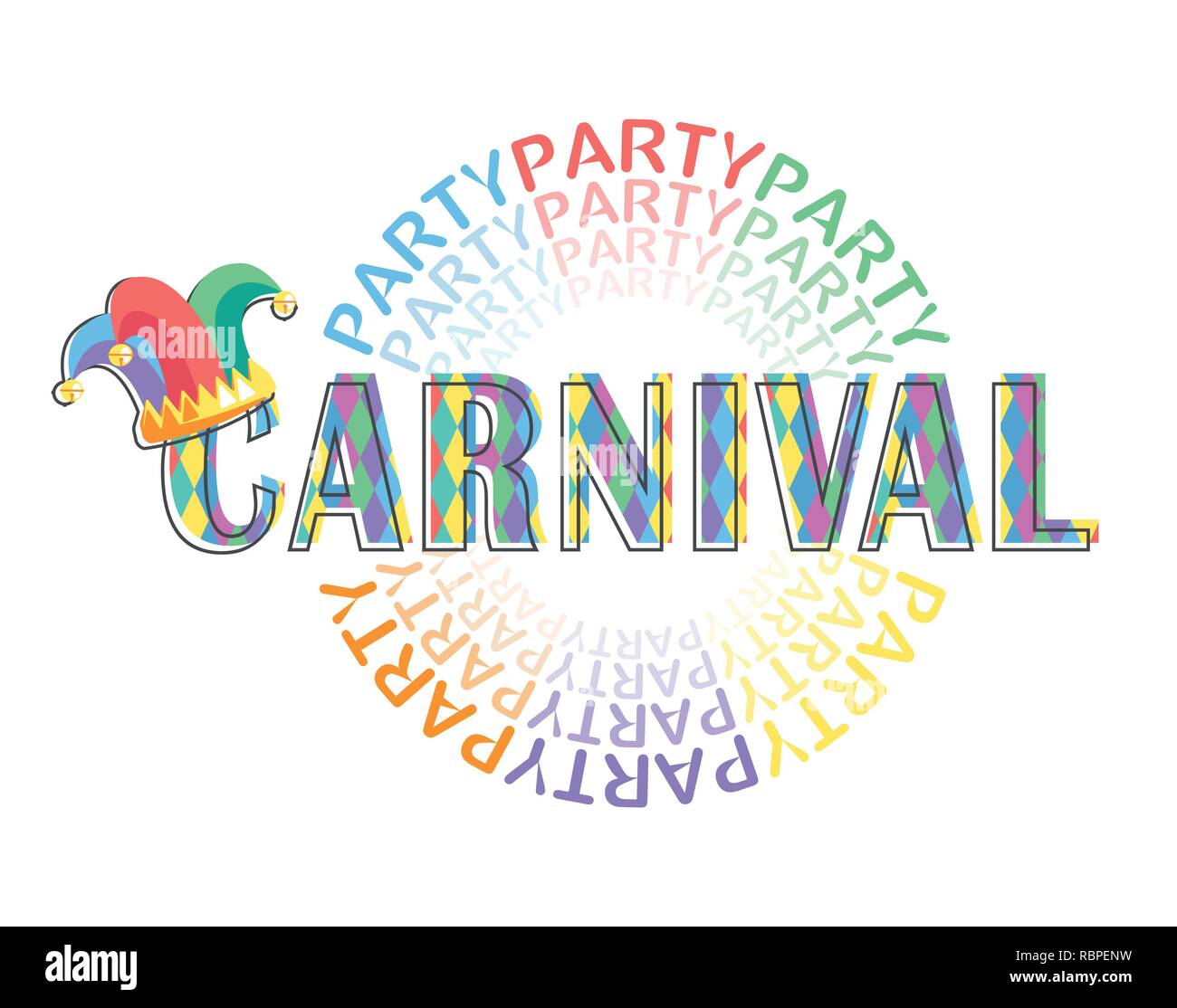 Carnival Party. Carte de vœux des fêtes colorées inscriptions et bouffons hat. Modèle plat. Vector illustration. Illustration de Vecteur