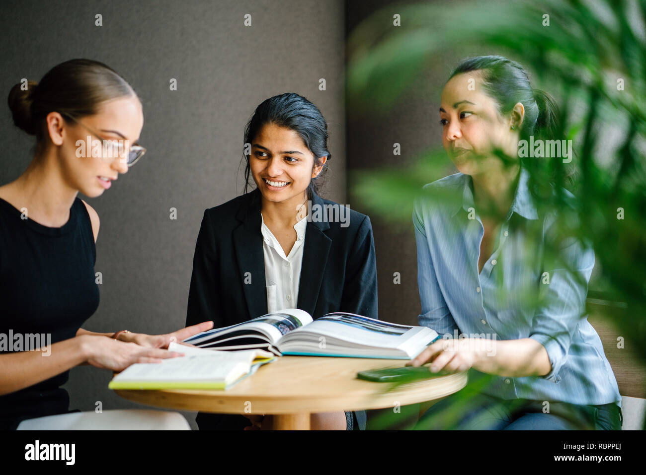 Portrait de 3 jeunes femmes de diverses et variées de l'origine ethnique ont un chat dans une salle de réunion ensemble. L'un est de race blanche et l'autre asiatique 2. Banque D'Images