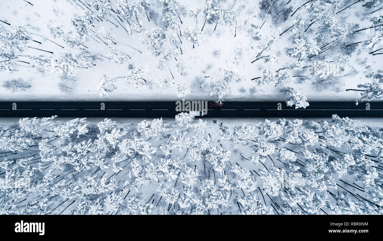 Vue aérienne de la route romantique en passant par la forêt d'hiver couverte de neige. Une vue du haut des pins et une bande noire d'asphalte roa Banque D'Images