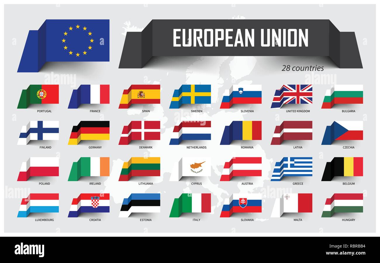 L'Union européenne . Union européenne et son adhésion . Association de 28 pays . Papier dessin du drapeau flottant sur fond de carte de l'Europe . Vector . Illustration de Vecteur