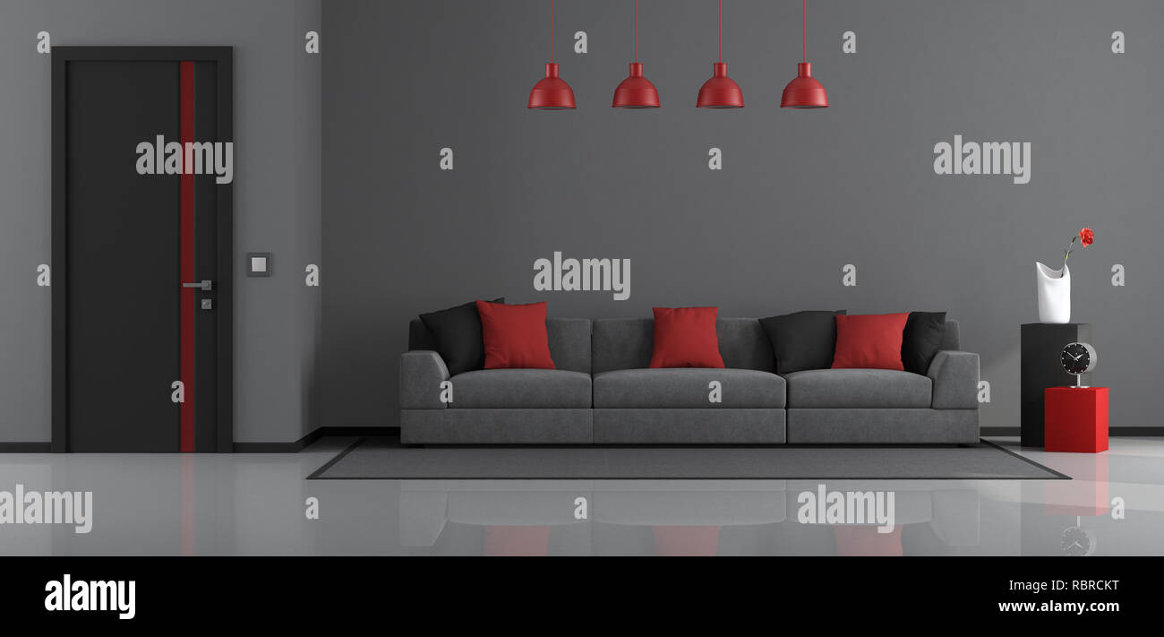 Gris Noir et rouge salon moderne avec un canapé moderne et porte fermée -  le rendu 3D Photo Stock - Alamy