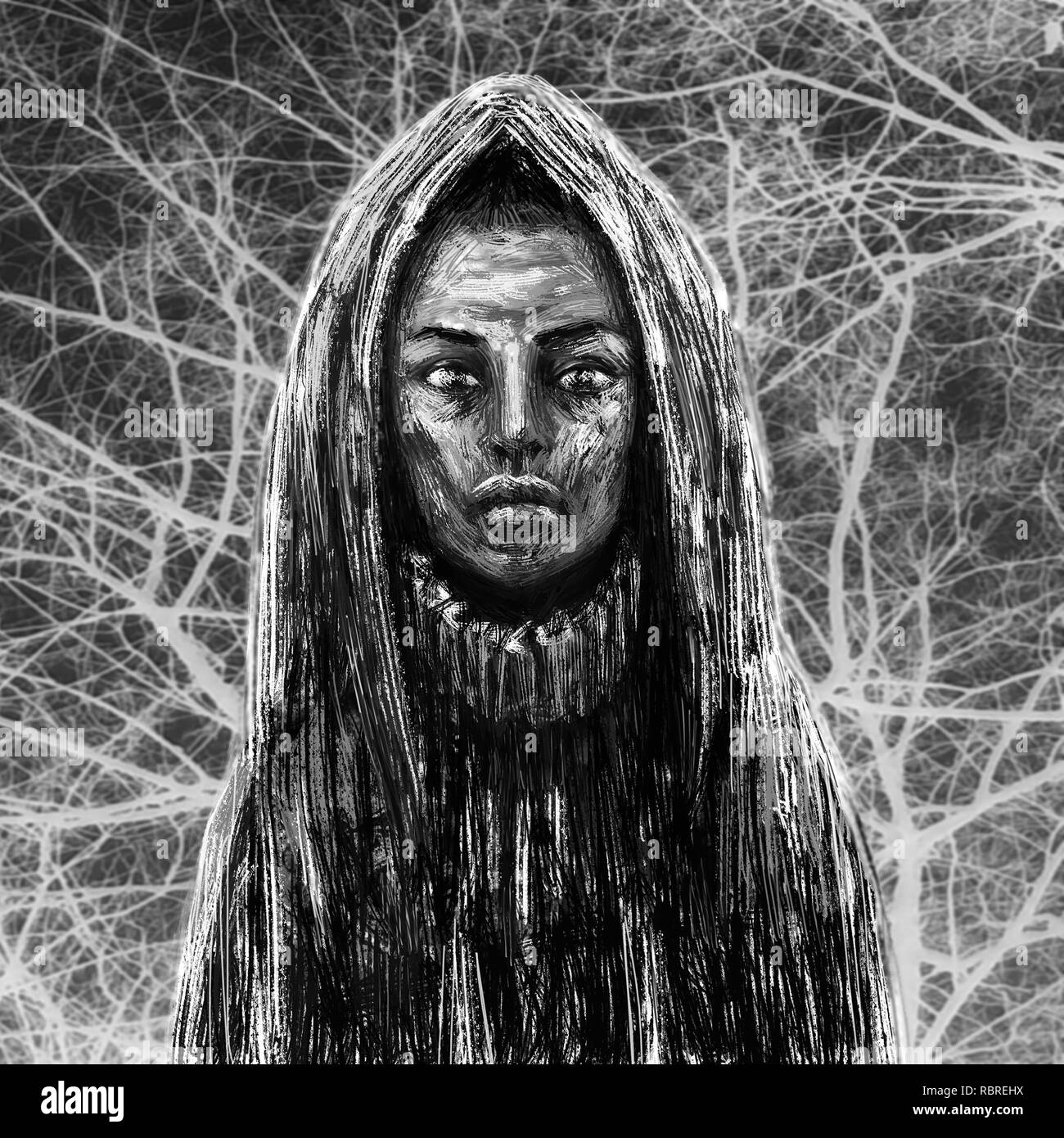 Peau noire shaman girl dans le capot. Illustration Fantasy. Fond noir et blanc Banque D'Images