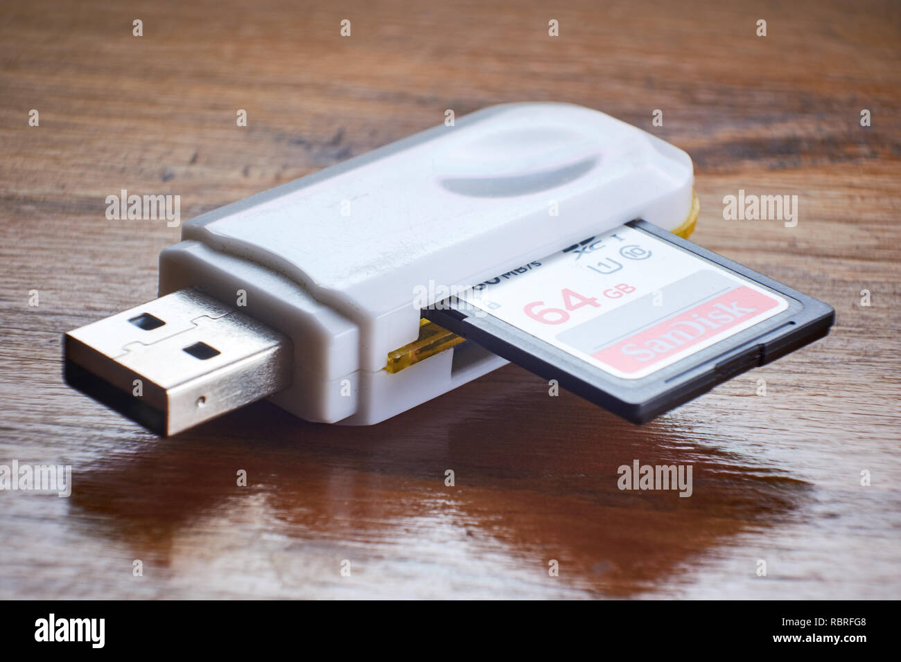 BUENOS AIRES, ARGENTINE - 9 janvier 2019 : le lecteur flash USB avec adaptateurs et une carte mémoire SD insérée. Banque D'Images