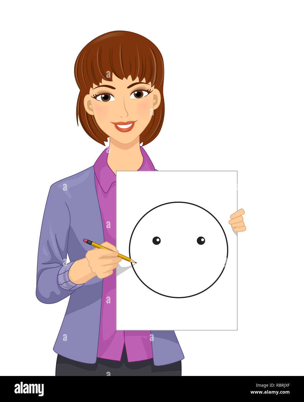Illustration d'une fille Teacher Holding un papier avec un Smiley avec pas de bouche et un crayon pour dessiner les émotions Banque D'Images