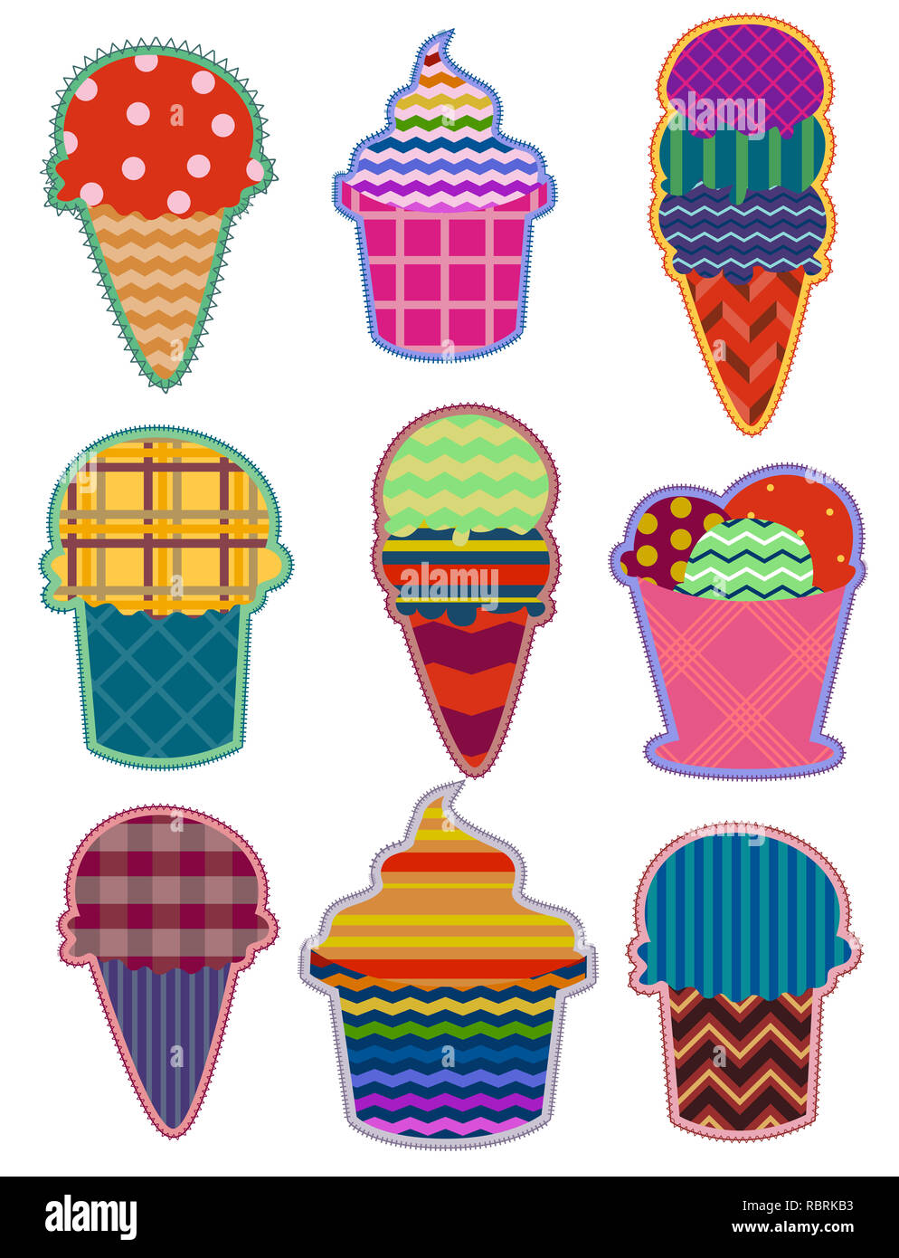 Illustration des différents types de correctifs de la crème glacée en différentes couleurs et motifs Banque D'Images