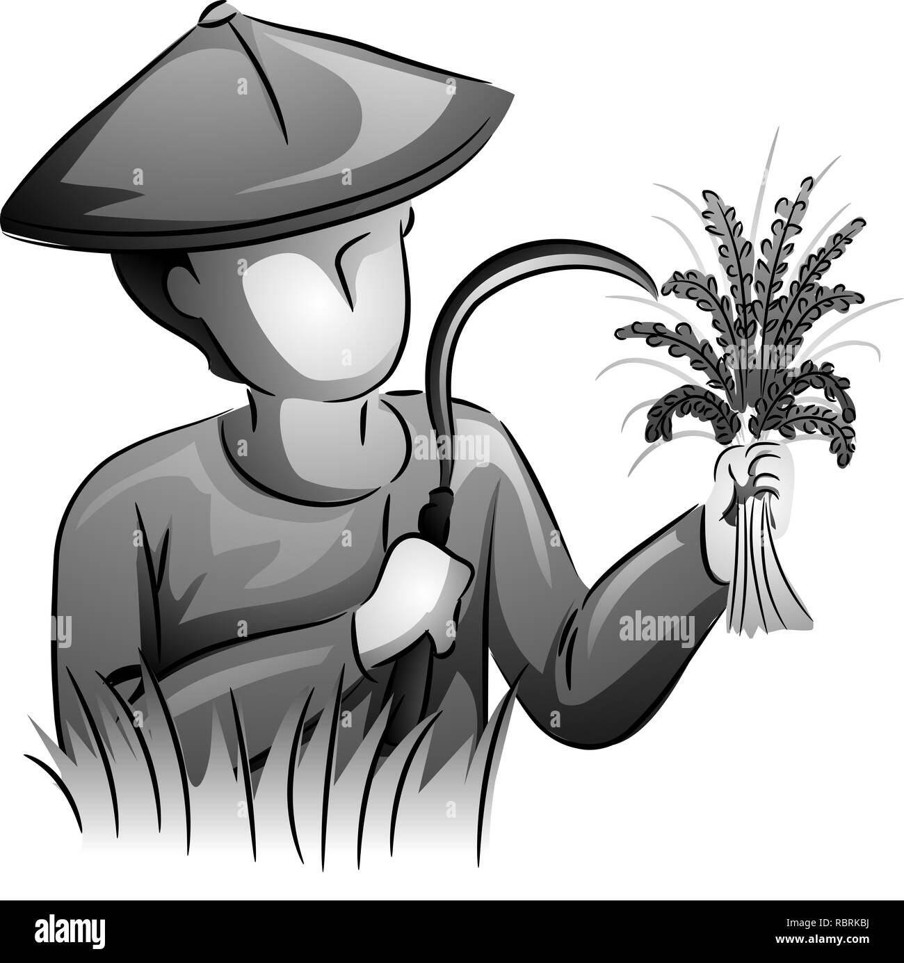Illustration de l'homme agriculteur détenant une faucille et récolte du riz dans sa ferme Banque D'Images