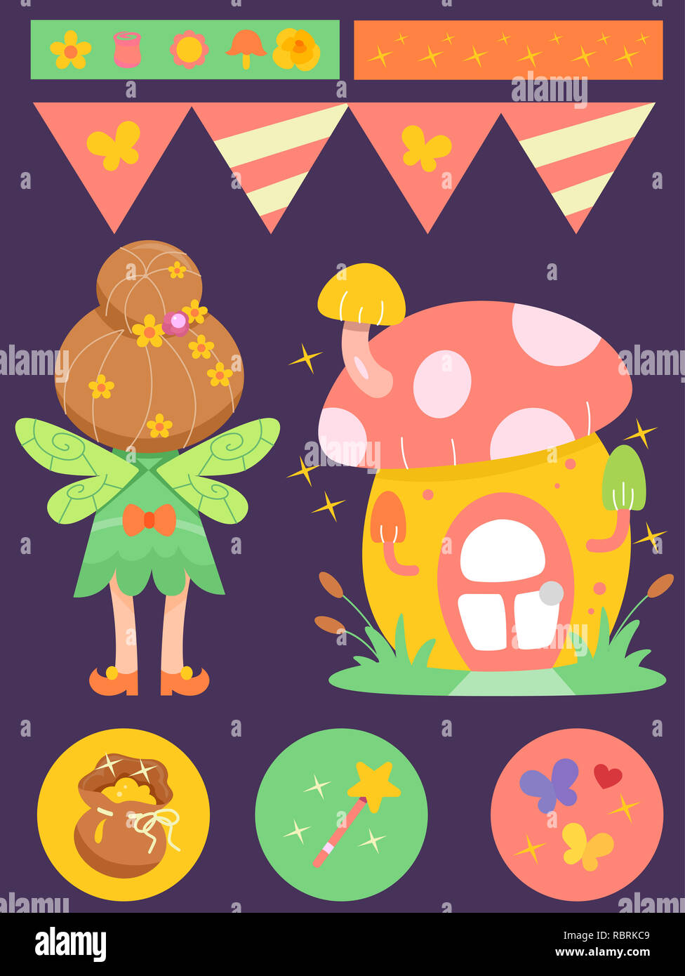 Illustration d'une fée Le Jardin d'éléments sur son dos à partir de la maison de fées, ailes, pièces de monnaie, Wand, papillons, Pennant Banner Banque D'Images