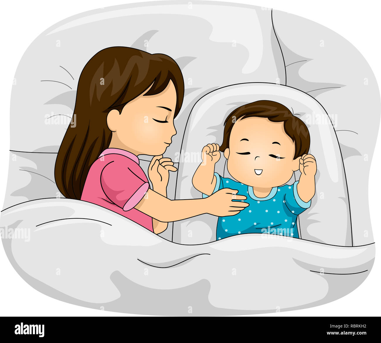 Illustration d'un Kid Girl Sleeping with Baby Brother in Bed Banque D'Images
