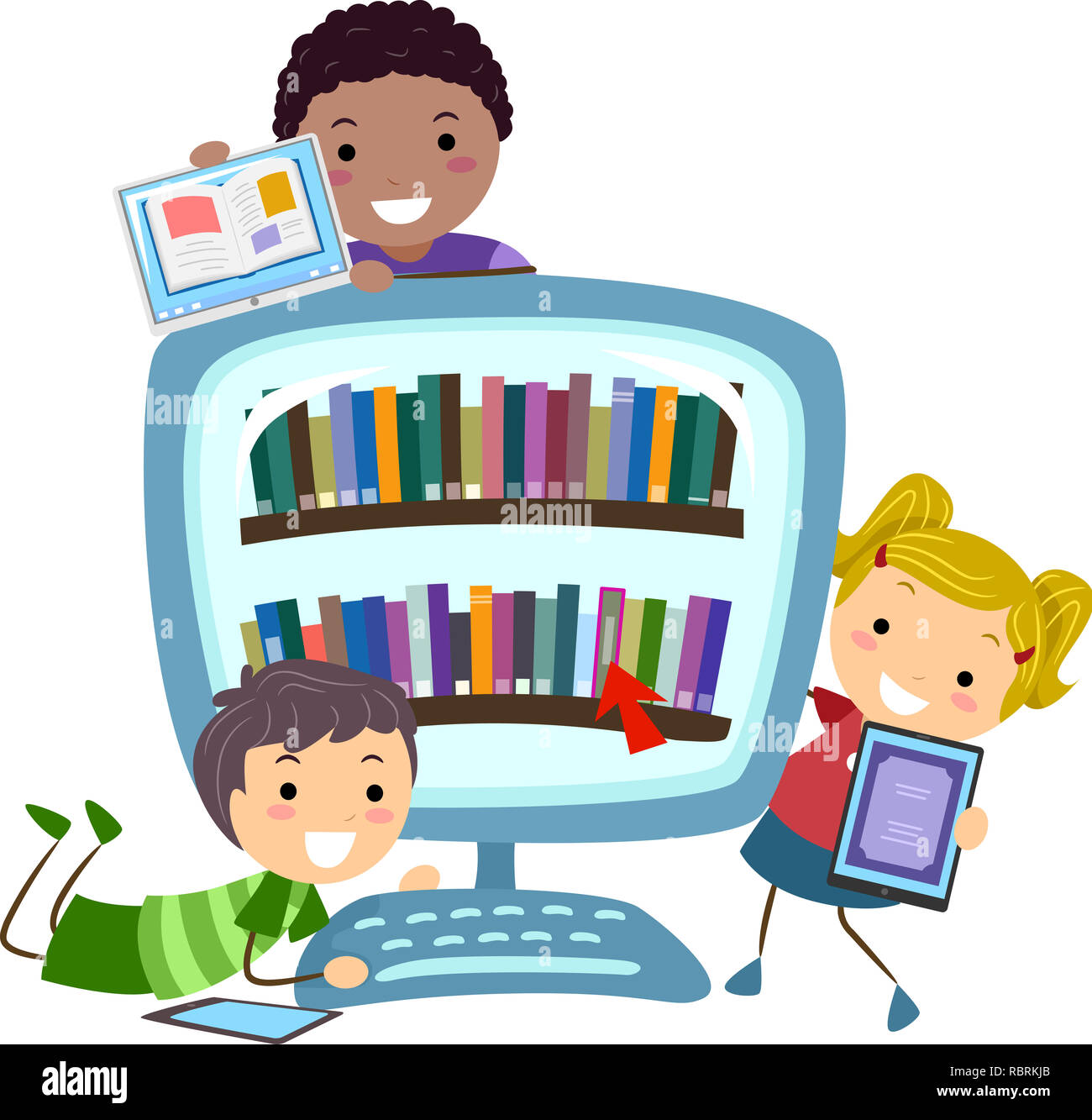Illustration de Stickman Kids avec des tablettes et un ordinateur plein de livres numériques Banque D'Images