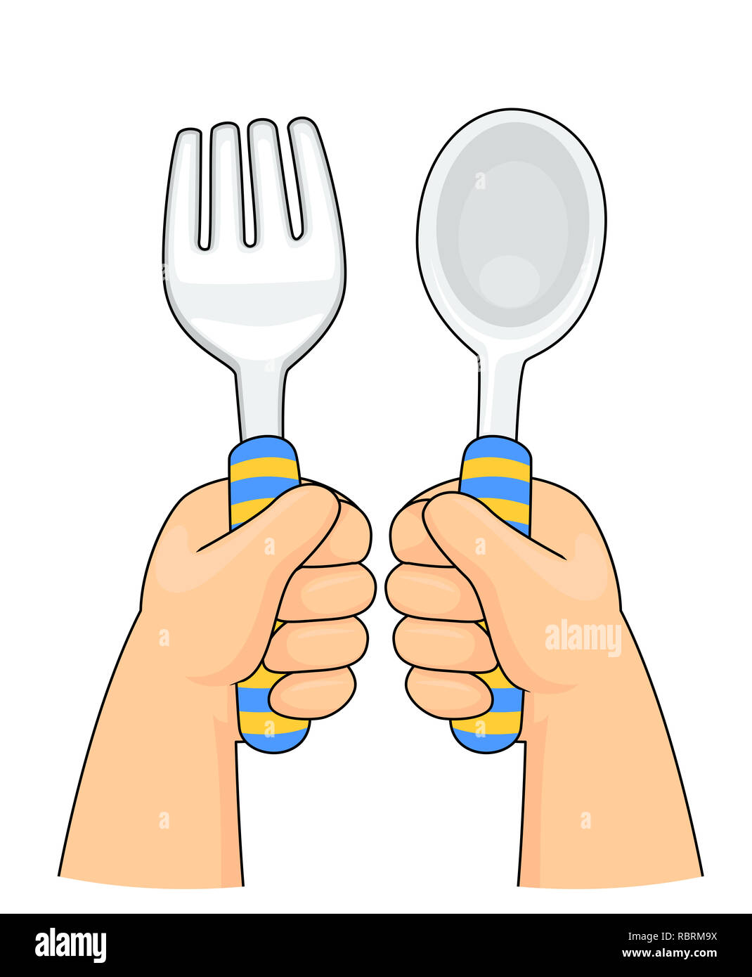 Illustration de l'enfant tout-petit Hands Holding Spoon and Fork Banque D'Images