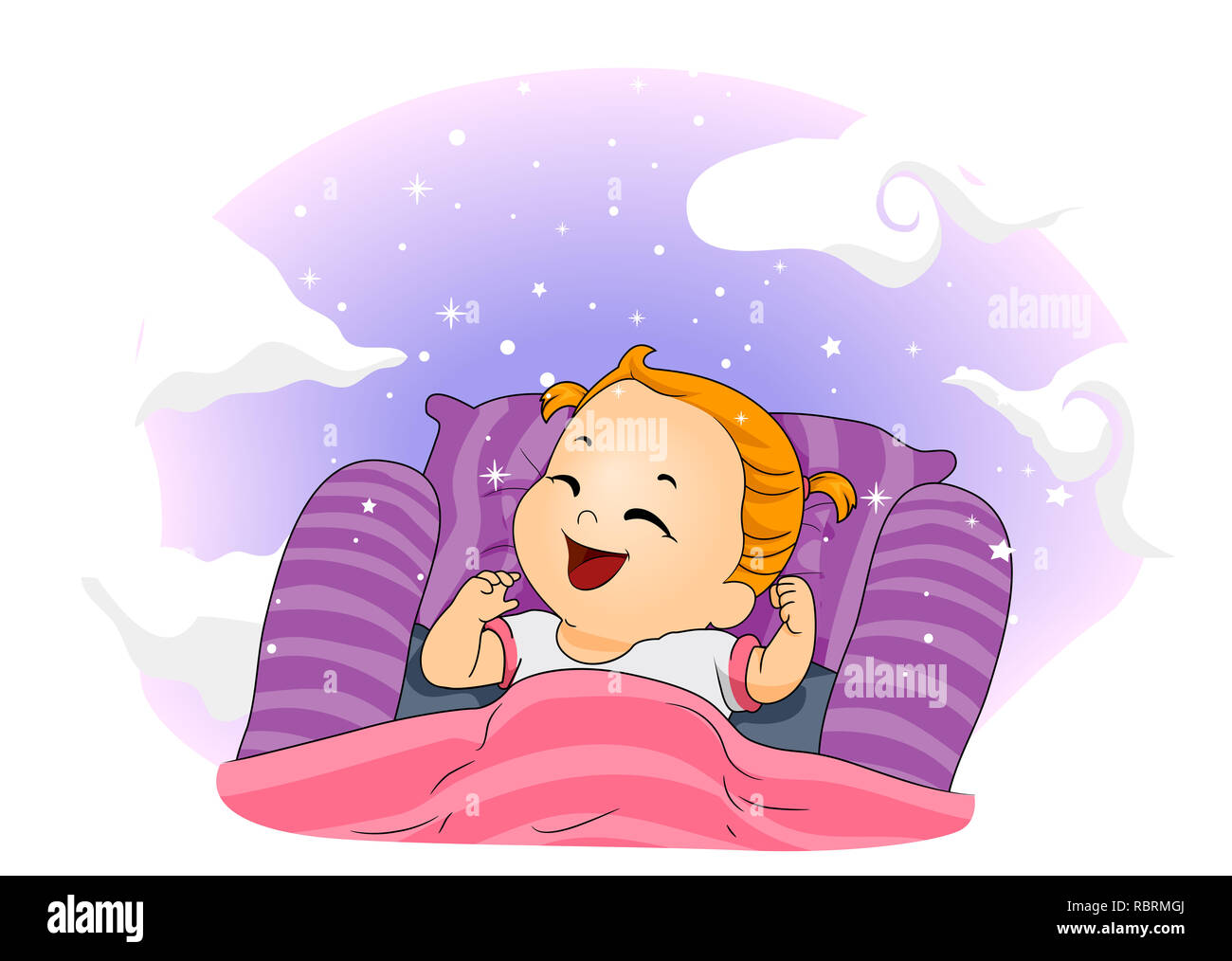 Illustration de l'enfant tout-petit fille riant et souriant tout en rêvant dans le lit Banque D'Images