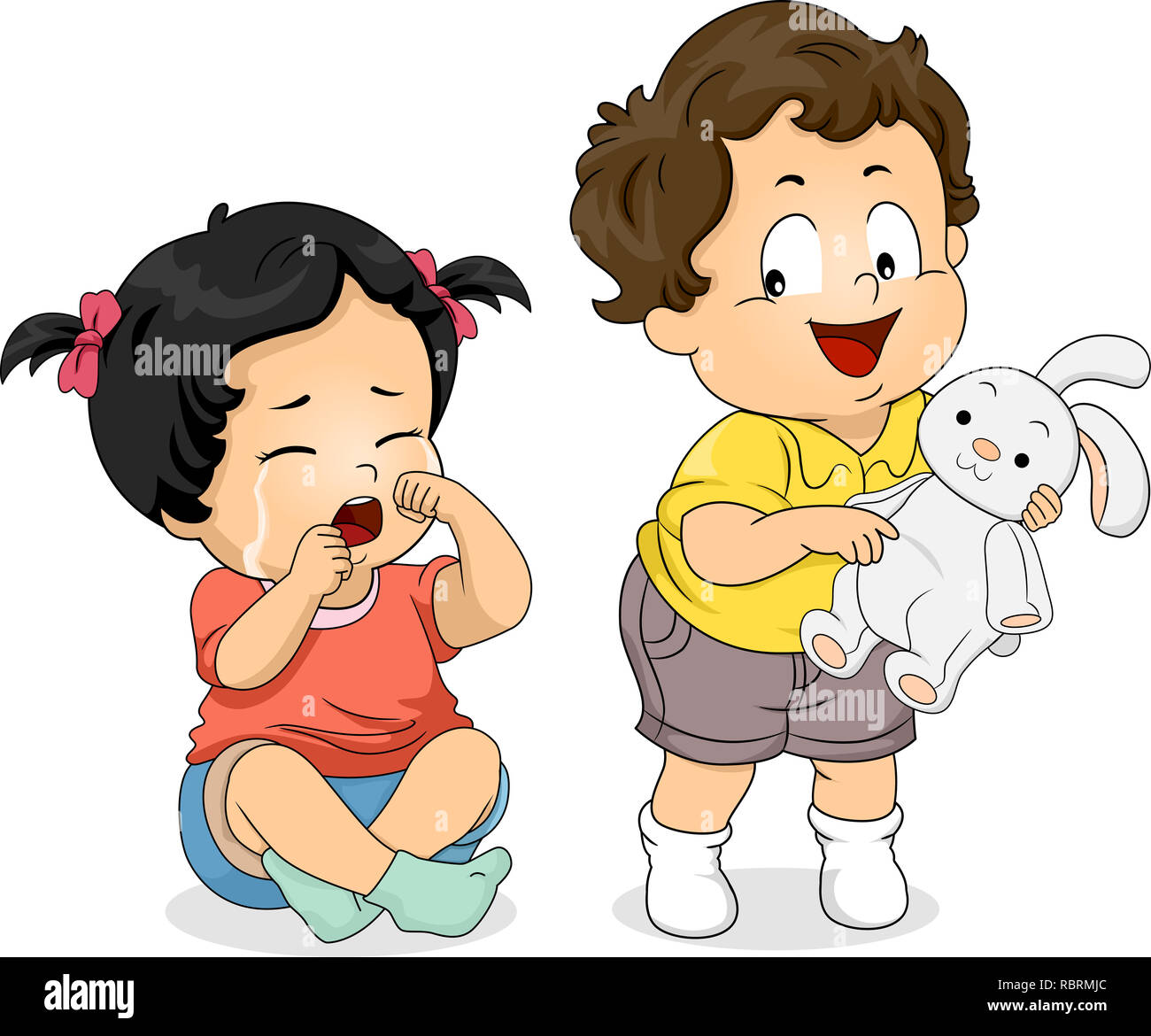 Illustration d'un enfant garçon ne partage pas son Bunny Toy à un enfant pleurant Girl Banque D'Images