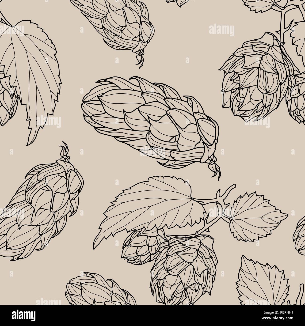 Le houblon à la main motif transparent. Hop commun ou Humulus lupulus branche avec feuilles et cônes. Vector Illustration. Illustration de Vecteur