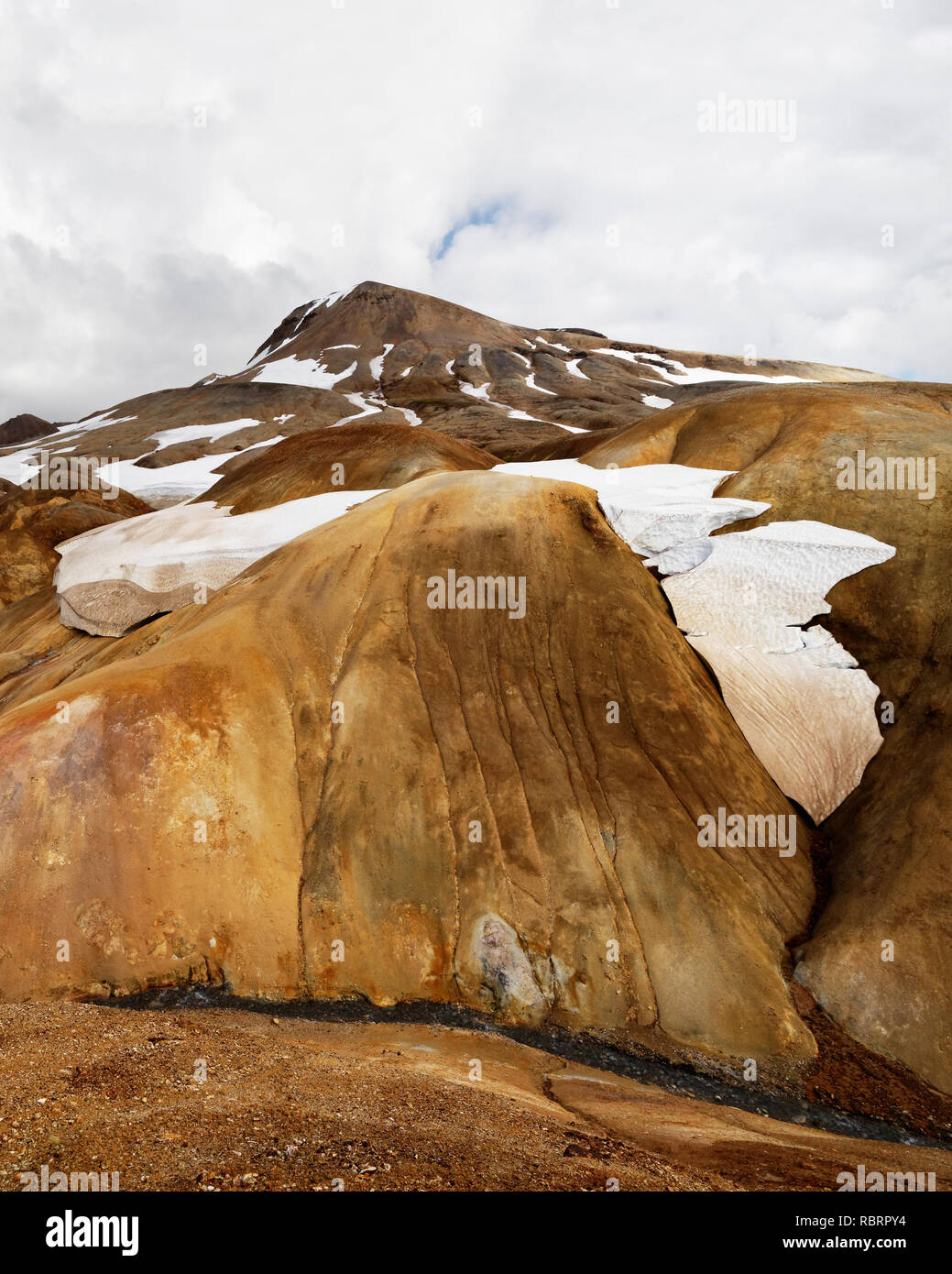 Paysage dans l'ocre et marron avec neige et une petite rivière - Location : Islande, Highlands, Salon 'Kerlingarfjöll' Banque D'Images