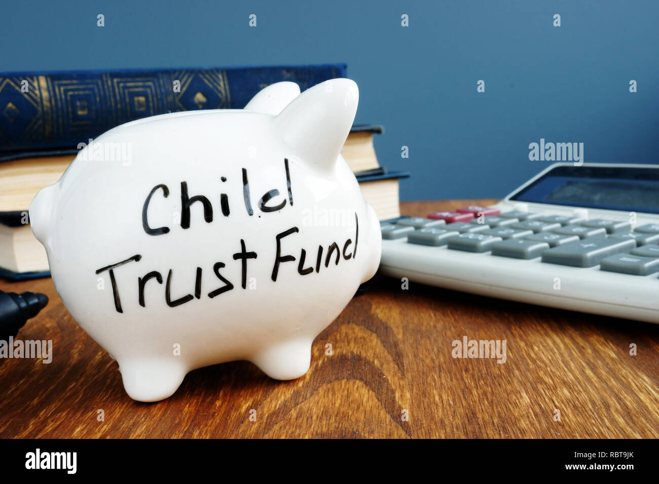 Child trust fund FCT écrit sur un côté de tirelire. Banque D'Images